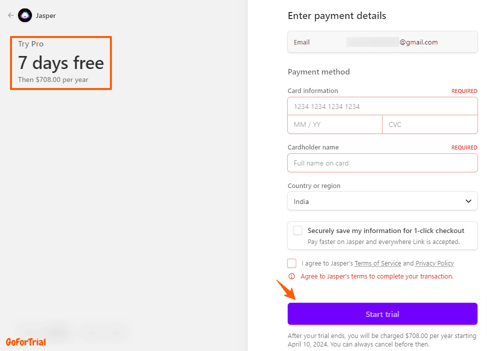 Jasper Checkout Option for Free Trial Offer