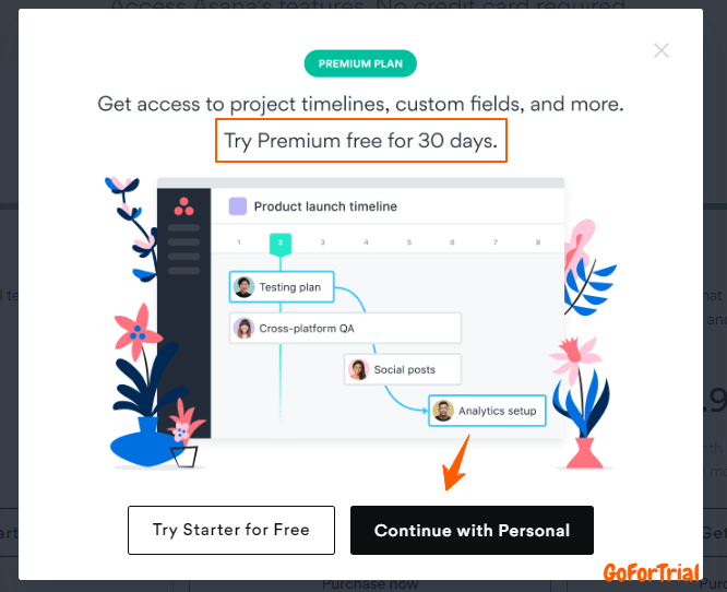 Asana 30 Days Trial Popup when Sign up