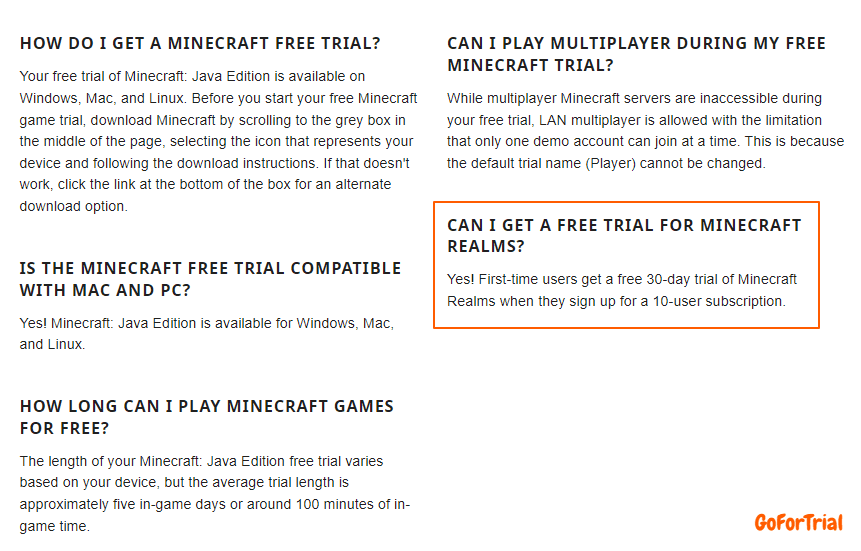Minecraft Trial FAQs