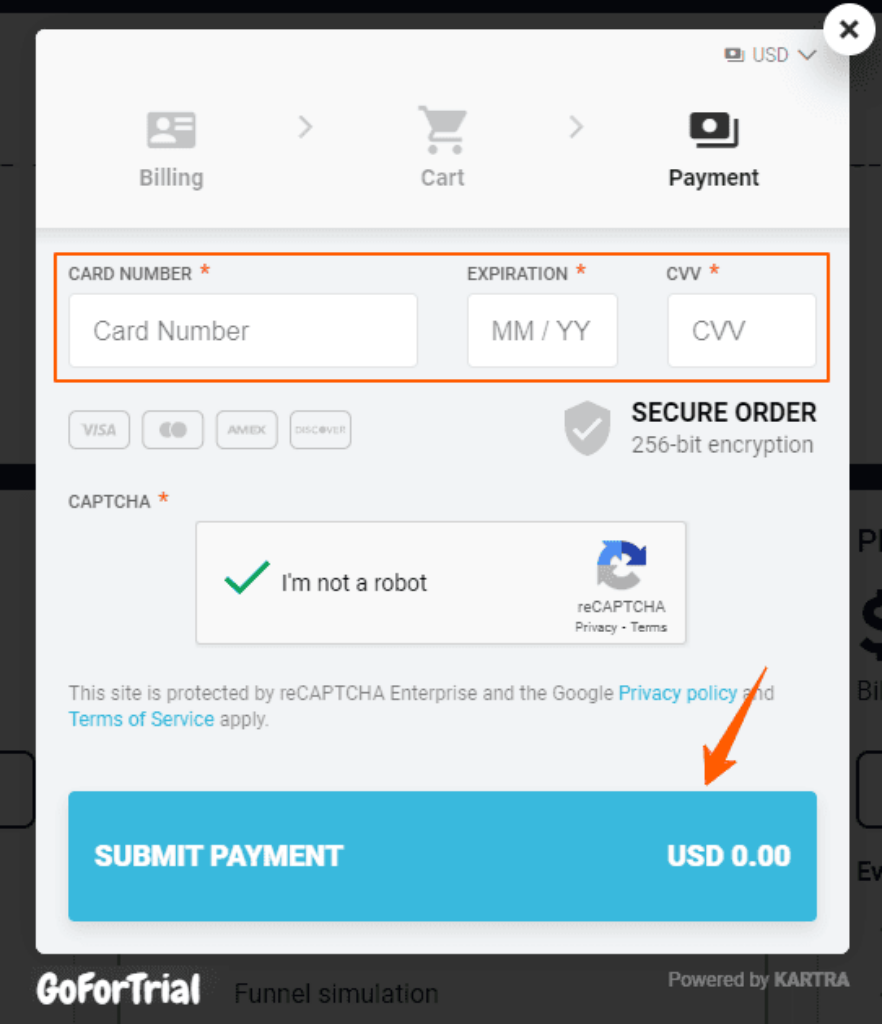 Payment submit option after applying kartra coupon