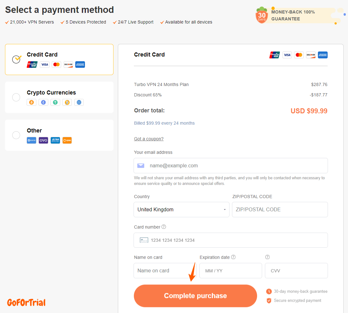Turbo VPN, Get 3 Months Additional Free or Try 30 Day Risk-Free 5 Turbo VPN Checkout Page