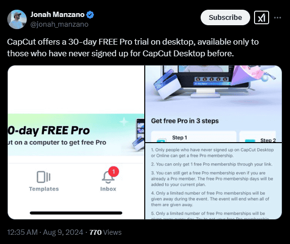 CapCut Free Trial: Start Your 30-day CapCut Pro Trial Now! 3 Capcut 30 days trial tweet screenshot